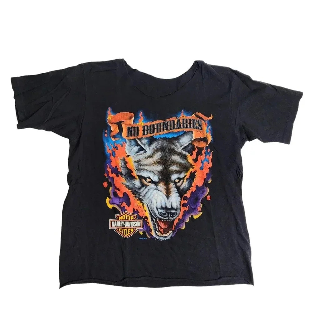 Harley Davidson 1996 Wolf Flames Shirt No Boundaries Size Large CUT NECK AND HEM